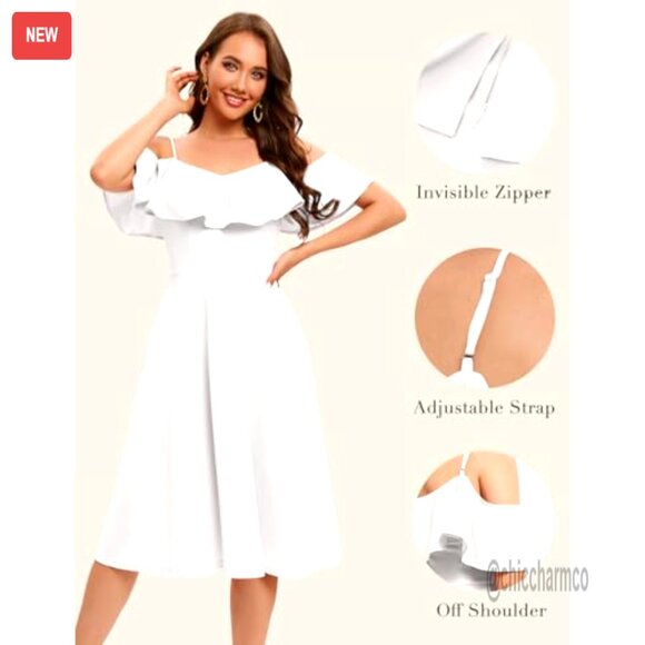 Off Shoulder A-Line Midi Dress, Formal Wedding Guest Cocktail Party - Picture 4 of 7